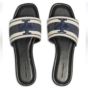 Tory Burch Navy & Cream Logo Strap Leather Slide Sandals